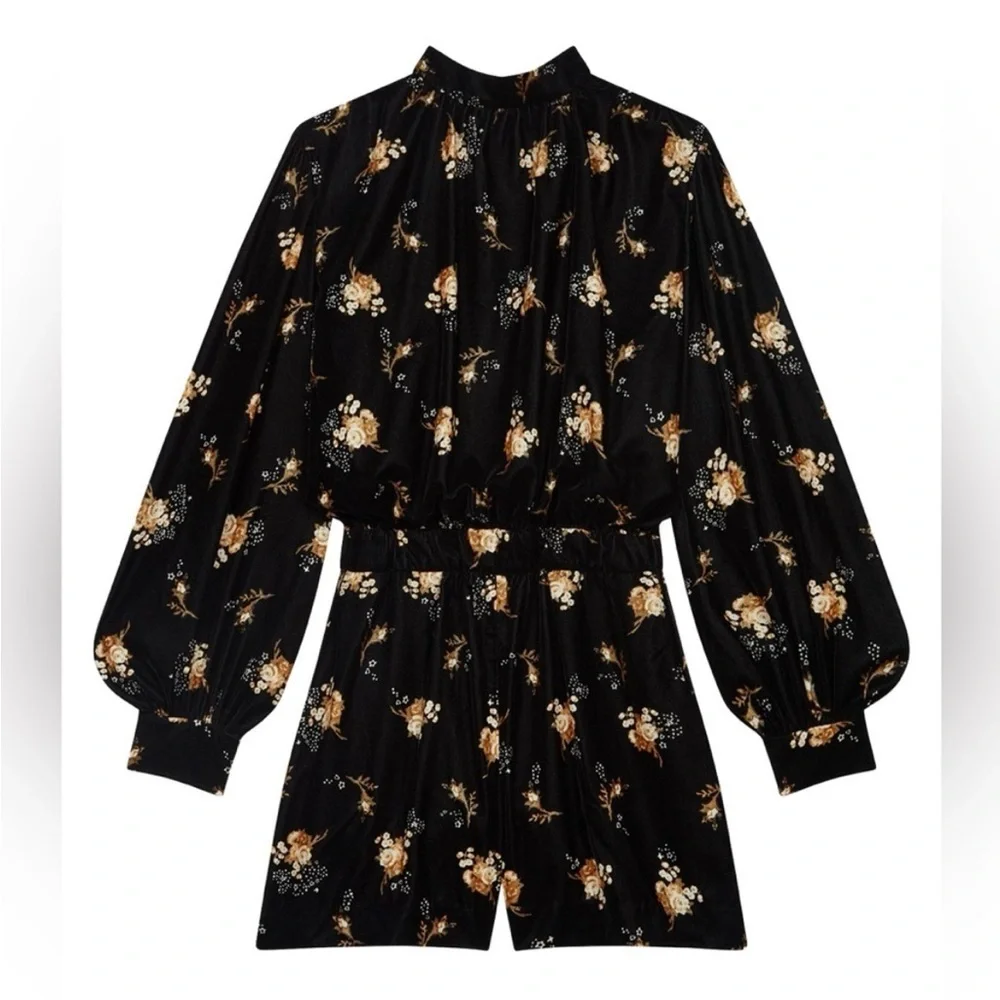 NWT Maje Inouk Floral Velvet Puff Sleeve Playsuit Black Floral Romper Sz 38